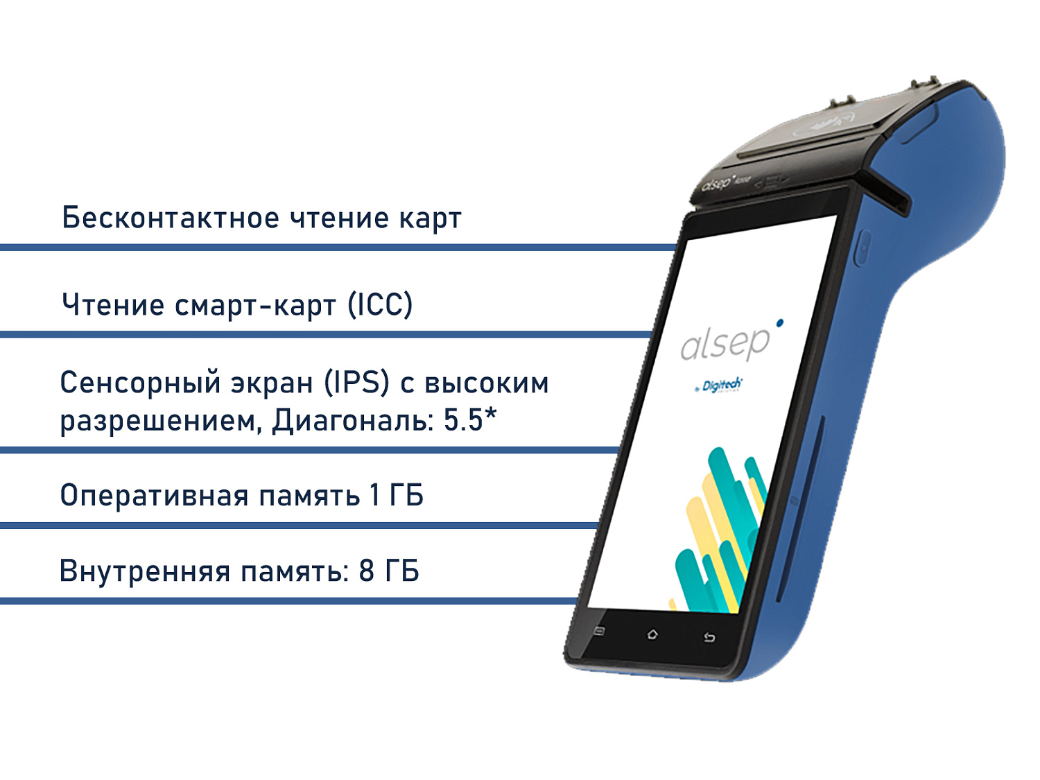 2 в 1  Смарт терминал Alsep ПОС + ККМ online ОФД(с аккумулятором, GPRS-модем)+бесконтактная оплата